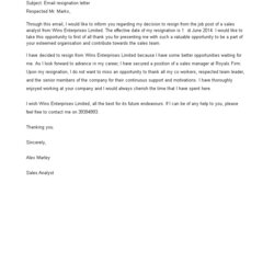 Perfect Formal Resignation Email Letter Templates At Template