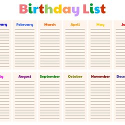 Matchless Free Printable Birthday List Template Employee