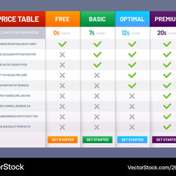 Excellent Pricing Table Chart Price Plans Checklist Prices Vector Image